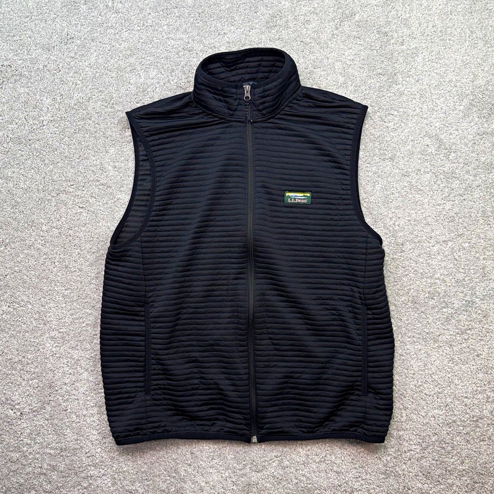 LL Bean Mens Large Black Ribbed Full Zip Fleece Vest Outdoor Hiking Layer